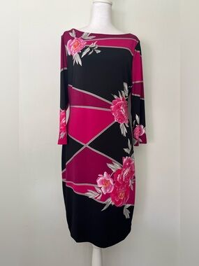 CACHE Black and Fuchsia Floral Long-Sleeve Shift Dress